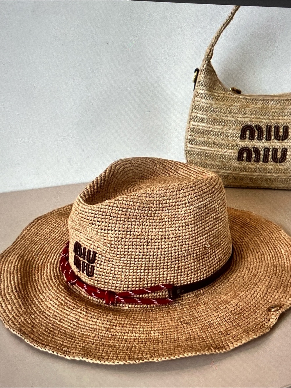 Miu Miu Natural Straw Fedora with Red Braided Trim - Picture 2 of 7